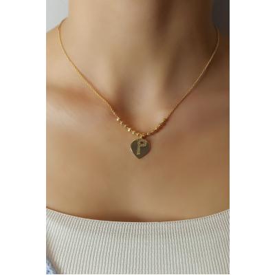 Kadın Gold Zirkon Taşlı Kalp Üstüne P Harfli Çift Katman Kolye 006