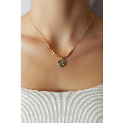 Kadın Gold Zirkon Taşlı Kalp Üstüne R Harfli Çift Katman Kolye 006