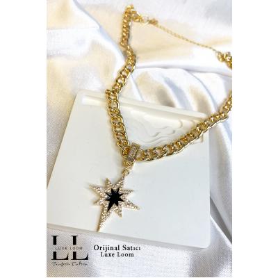 Kadın Siyah Mine Yıldızlı Zirkon Taşlı Çağla Şikel Kolye 002