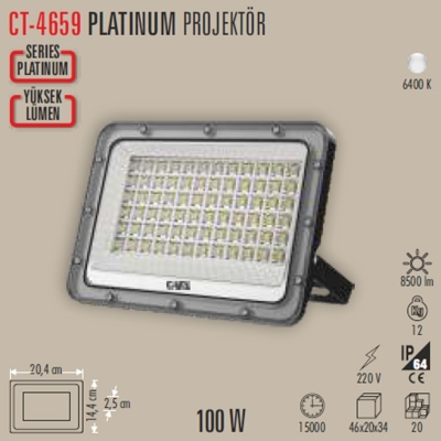 CATA CT-4659 Platinum 100 Watt Slim Kasa Led Projektör Beyaz Işık