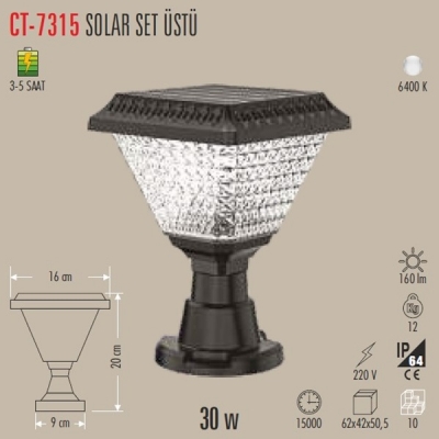 CATA CT-7315 30W Solar Set Üstü Bahçe Armatürü Beyaz Işık