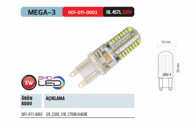Horoz Mega-3 G9 Led Ampul 3W 180 Lümen 220V