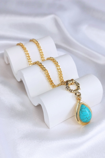 Kadın Gemici Dümeni Detaylı Su Damlası Firuze Kolye