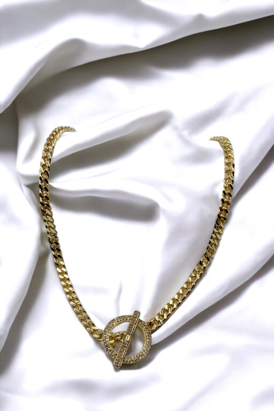 Kadın Gold Halka Zirkon Taşlı Geçirmeli Ot Dümen Kilit Kolye 007