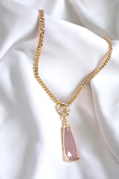 Kadın Gold Özel Kesim Pembe Su Damlası Kolye