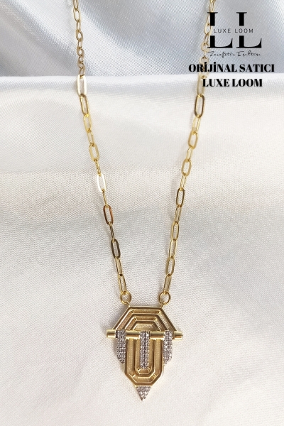 Kadın Gold Renk Leyla Zirkon Taşlı Baget Çelik Kolye