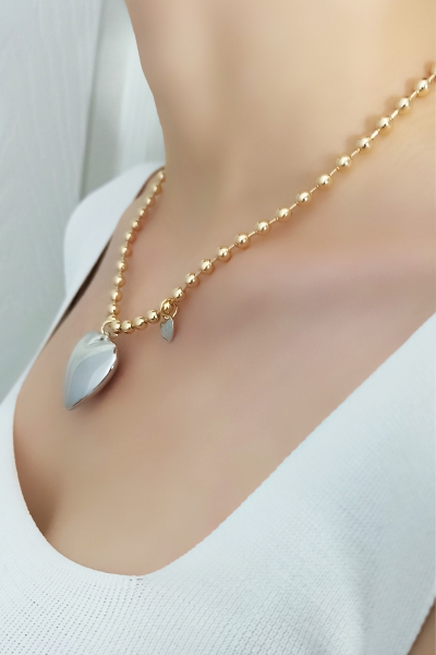 Kadın Gold Zincir Büyük Gümüş Renk Dolgun Kalp Yeni Tasarım Kolye