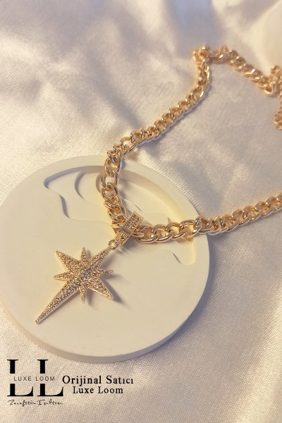 Kadın Gold Zirkon Taşlı Çağla Şikel Kuzey Yıldızı Kolye 002