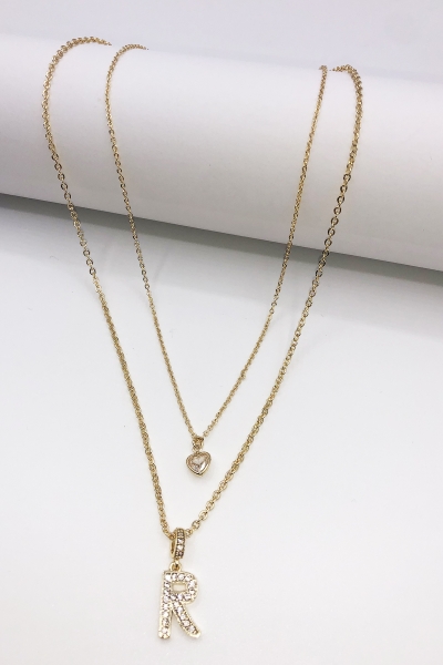 Kadın Gold Zirkon Taşlı Küçük Kalpli R Harfli Çift Katman Kolye 006