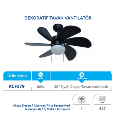 Vanti KCF279 60W Siyah Ahşap Desenli Aydınlatmalı Tavan Vantilatörü